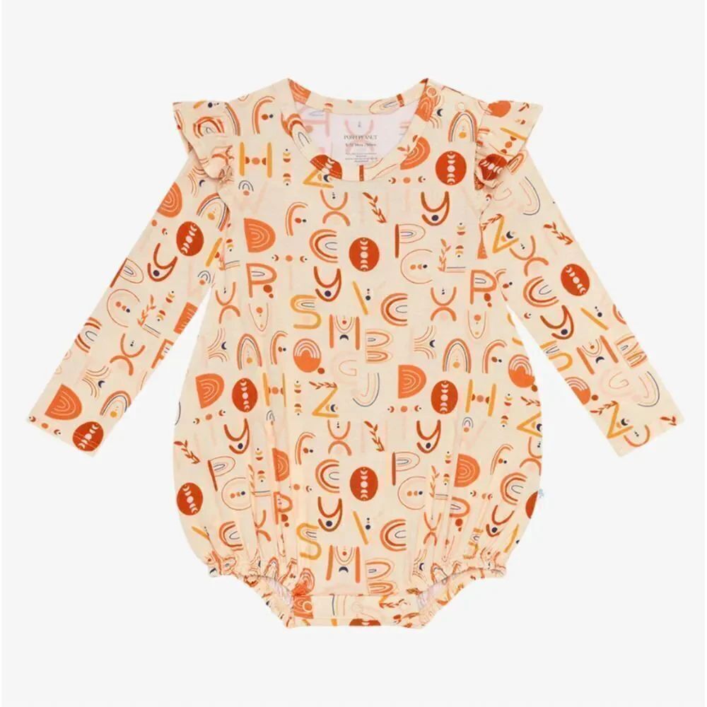 Posh Peanut Long Sleeve Ruffled Bubble Romper - Alphabet Medley Size 6-12M